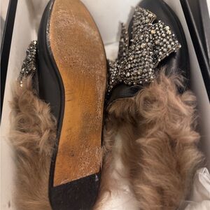 Gucci Black and Brown Fur-Trimmed Mules with Embellished Bow